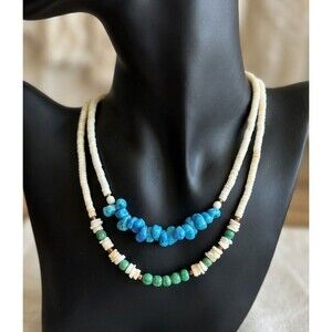 Vintage Boho White Heishe Shell Bead Turquoise & Green Stone Necklace Lot of 2